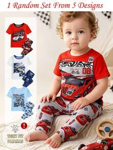 Randomly Sent 1 Set Baby Boy Cool Fashion Cute Casual Daily Comfortable Soft Skin-Friendly Knitted High Elasticity Tight Fabric Patchwork Solid Color Cool Multi-Color Car Racing Graffiti Cartoon Print Pattern Round Neck Short Sleeve Top And Long Pants Pajama Set Loungewear 2-Piece Set - Multicolor - View 11