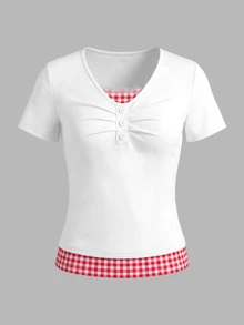 Raffinéva 女款夏季休閒通勤格紋印花胸前百褶短袖上衣 - 白色 - 查看 5