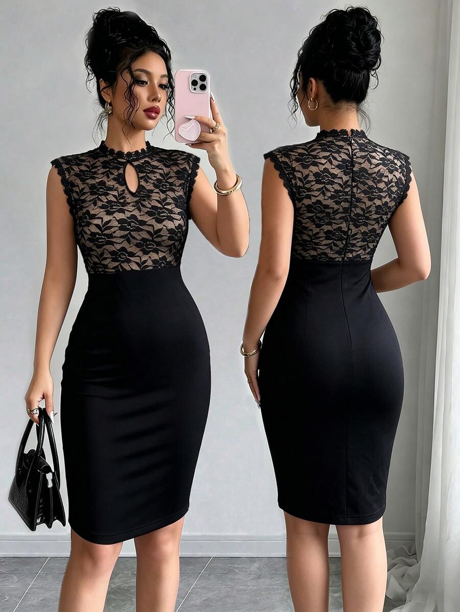 Elenzga Women's Elegant Lace Patchwork Hollow-Out Front, Cuff Sleeve, Elastic Knit, Back Invisible Zipper Fitted Pencil Dress - Black - View 1