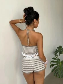 Aloruh 2pcs/Set Women's Handmade Crochet Strap Contrast Trim Vest + Contrast Color Mini Cropped Crochet Sweater, Spring/Summer Holiday - Khaki - View 2
