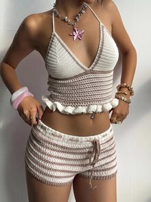 Aloruh 2pcs/Set Women's Handmade Crochet Strap Contrast Trim Vest + Contrast Color Mini Cropped Crochet Sweater, Spring/Summer Holiday - Khaki - View 4