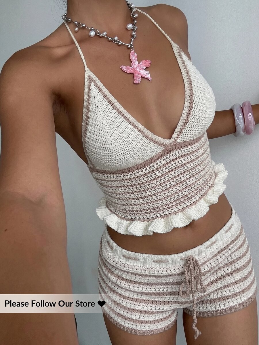 Aloruh 2pcs/Set Women's Handmade Crochet Strap Contrast Trim Vest + Contrast Color Mini Cropped Crochet Sweater, Spring/Summer Holiday - Khaki - View 1