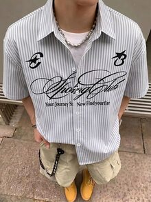 STEELVANCE 男士條紋色織大字母印花短袖襯衫，適合正式或休閒場合，休閒度假、晚餐聚會、極簡辦公、休閒居家穿著，百搭風格，適合自穿或送給朋友的禮物，熱銷舒適面料襯衫 - 彩色 - 查看 3