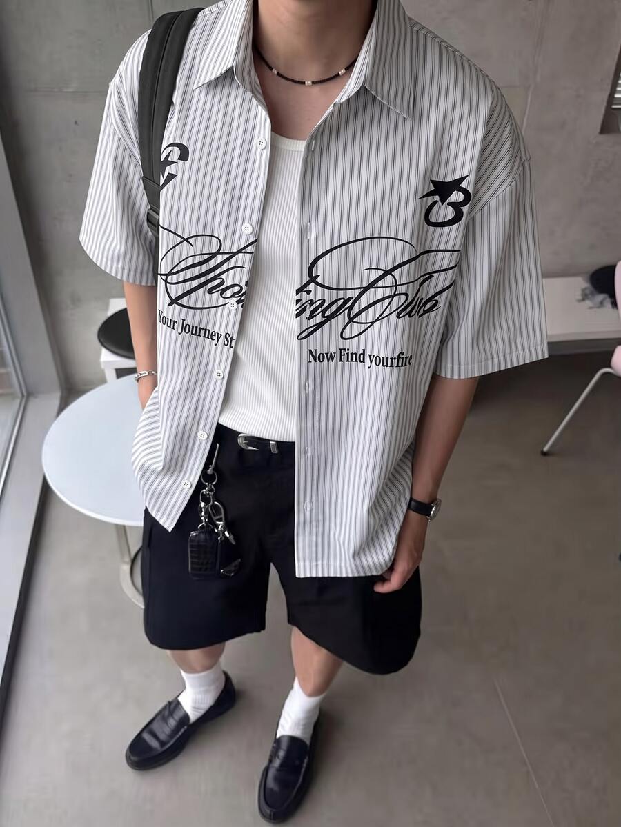 STEELVANCE 男士條紋色織大字母印花短袖襯衫,適合正式或休閒場合,休閒度假、晚餐聚會、極簡辦公、休閒居家穿著,百搭風格,適合自穿或送給朋友的禮物,熱銷舒適面料襯衫 - 彩色 - 查看 1