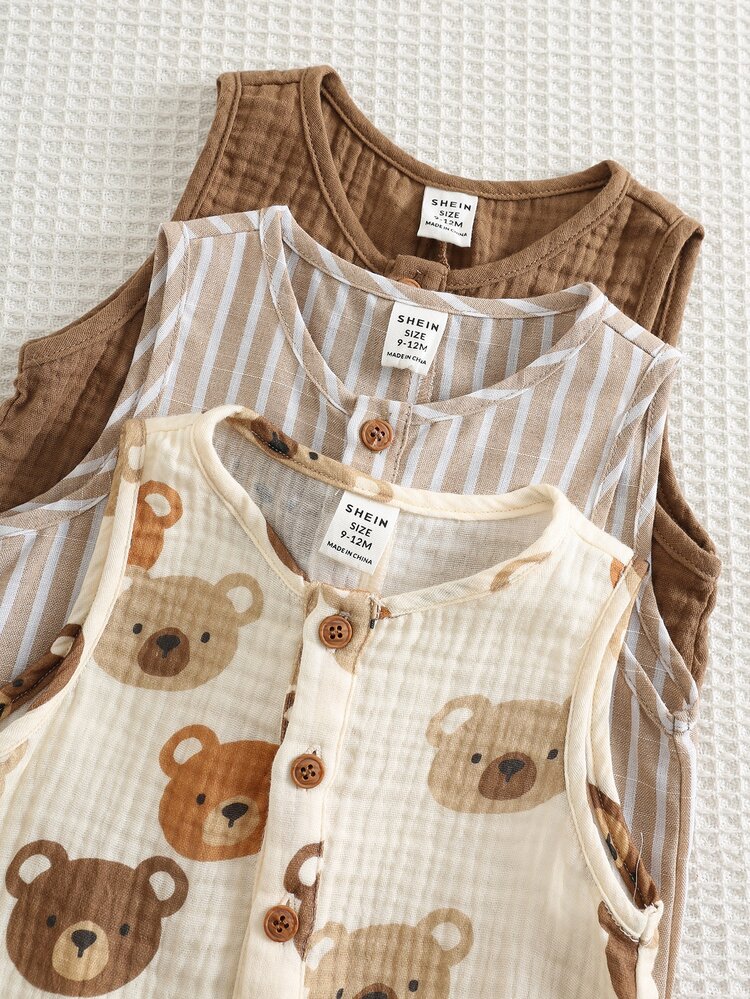 SHEIN 3pcs/Set Baby Boy Baby Girl Summer Casual Cute Cartoon Pattern Striped Sleeveless Romper Shorts Set, Bear Romper Shorts, Cute Romper Shorts, Infant Romper Shorts - Multicolor - View 8