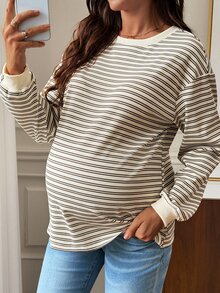 SHEIN Maternity Casual Striped T-Shirt For Spring And Autumn Fall,Autumn Outfit For Women - Khaki - View 1