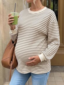 SHEIN Maternity Casual Striped T-Shirt For Spring And Autumn Fall,Autumn Outfit For Women - Khaki - View 3