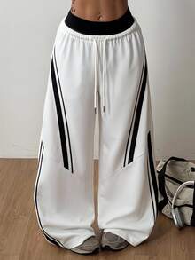 Coolane Women Summer Wide Leg Track Pants, Side Tape Windbreaker Joggers, Y2K Baggy Drawstring Athletic Sweatpants - White - View 4