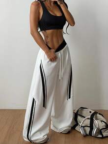 Coolane Women Summer Wide Leg Track Pants, Side Tape Windbreaker Joggers, Y2K Baggy Drawstring Athletic Sweatpants - White - View 3