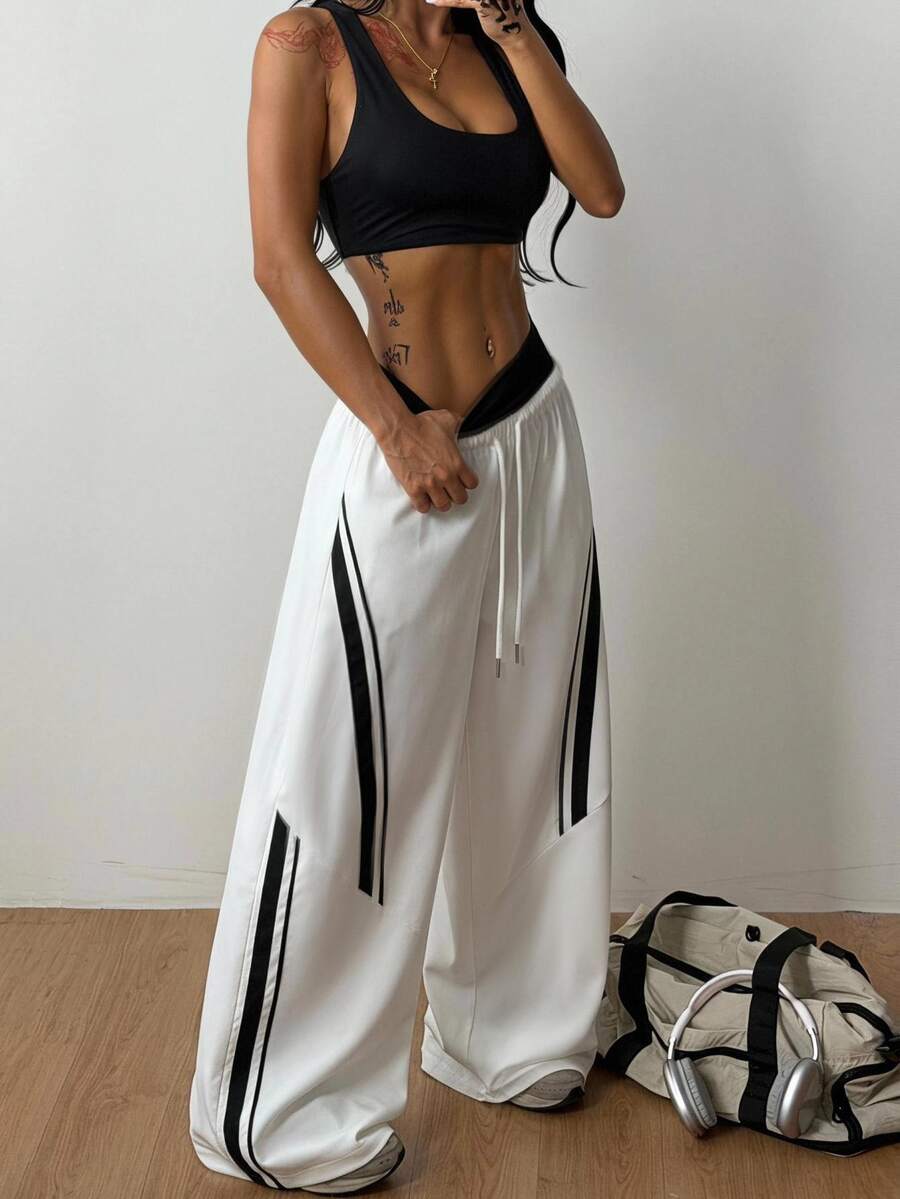 Coolane Women Summer Wide Leg Track Pants, Side Tape Windbreaker Joggers, Y2K Baggy Drawstring Athletic Sweatpants