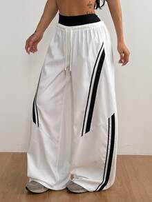 Coolane Women Summer Wide Leg Track Pants, Side Tape Windbreaker Joggers, Y2K Baggy Drawstring Athletic Sweatpants - White - View 6