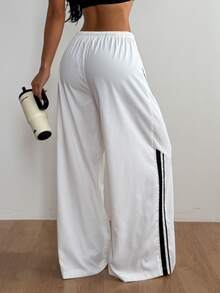 Coolane Women Summer Wide Leg Track Pants, Side Tape Windbreaker Joggers, Y2K Baggy Drawstring Athletic Sweatpants - White - View 5