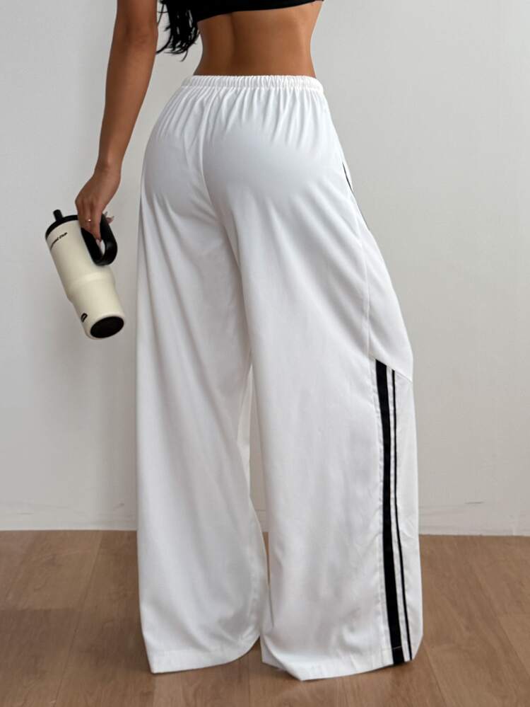 Coolane Women Summer Wide Leg Track Pants, Side Tape Windbreaker Joggers, Y2K Baggy Drawstring Athletic Sweatpants - White - View 5