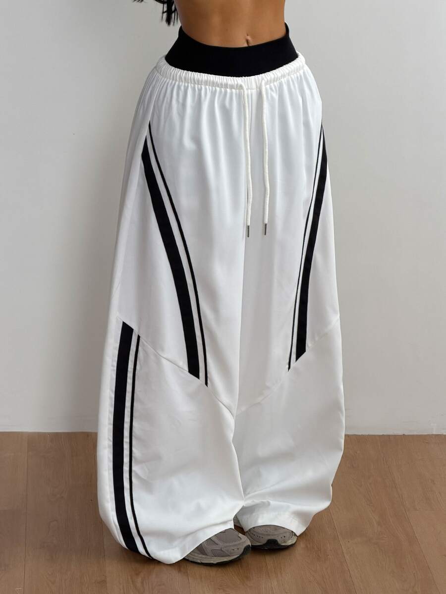 Coolane Women Summer Wide Leg Track Pants, Side Tape Windbreaker Joggers, Y2K Baggy Drawstring Athletic Sweatpants - White - View 1