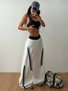 Coolane Women Summer Wide Leg Track Pants, Side Tape Windbreaker Joggers, Y2K Baggy Drawstring Athletic Sweatpants - White - View 2