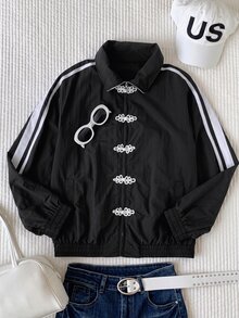 Comfortcana Women's Colorblock Casual Athleisure Baggy Versatile Daily Wear Long Sleeve Jacket Road Trip Travel Black And White Autumn - Black - View 5