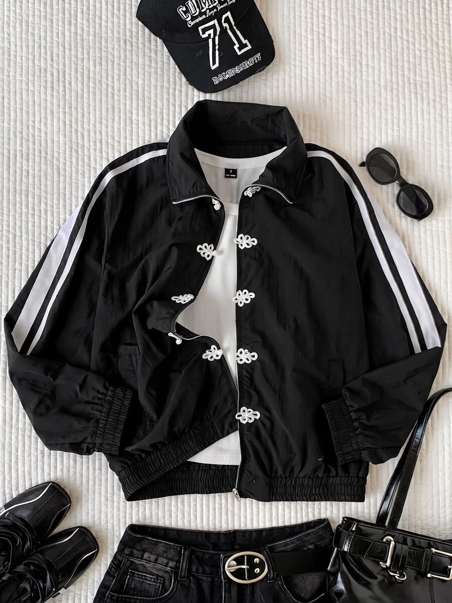 Comfortcana Women's Colorblock Casual Athleisure Baggy Versatile Daily Wear Long Sleeve Jacket Road Trip Travel Black And White Autumn - Black - View 1