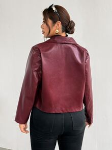 Firerie 大尺碼女款長袖拉鍊式酒紅色機車 PU 皮夾克，秋季外出、夜店、教師休閒優雅修身款 - 酒紅色 - 查看 5