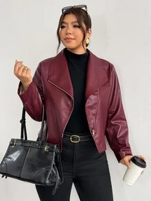 Firerie 大尺碼女款長袖拉鍊式酒紅色機車 PU 皮夾克，秋季外出、夜店、教師休閒優雅修身款 - 酒紅色 - 查看 8
