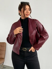 Firerie 大尺碼女款長袖拉鍊式酒紅色機車 PU 皮夾克，秋季外出、夜店、教師休閒優雅修身款 - 酒紅色 - 查看 6