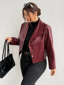 Firerie 大尺碼女款長袖拉鍊式酒紅色機車 PU 皮夾克，秋季外出、夜店、教師休閒優雅修身款 - 酒紅色 - 查看 3