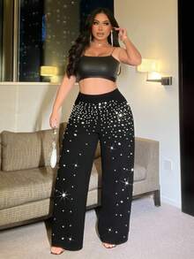 NU&NOW Plus Size Diamond & Pearl Embellished Gradient Knit Pants, Summer For Women Fall For Women - Black - View 4