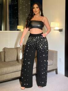 NU&NOW Plus Size Diamond & Pearl Embellished Gradient Knit Pants, Summer For Women Fall For Women - Black - View 6