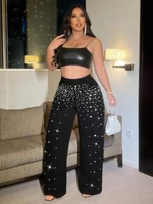 NU&NOW Plus Size Diamond & Pearl Embellished Gradient Knit Pants, Summer For Women Fall For Women - Black - View 5