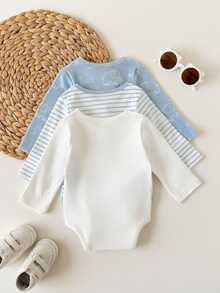 SHEIN Vintaside Kids 3件組新生兒春秋款多色藍白清新極簡風條紋大象與星星印花不對稱領長袖連身衣，寬鬆舒適，適合日常穿著、滿月派對、穿搭與拍照 - 藍白色 - 查看 2