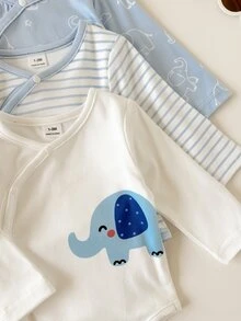 SHEIN Vintaside Kids 3件組新生兒春秋款多色藍白清新極簡風條紋大象與星星印花不對稱領長袖連身衣，寬鬆舒適，適合日常穿著、滿月派對、穿搭與拍照 - 藍白色 - 查看 7