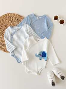 SHEIN Vintaside Kids 3件組新生兒春秋款多色藍白清新極簡風條紋大象與星星印花不對稱領長袖連身衣，寬鬆舒適，適合日常穿著、滿月派對、穿搭與拍照 - 藍白色 - 查看 3