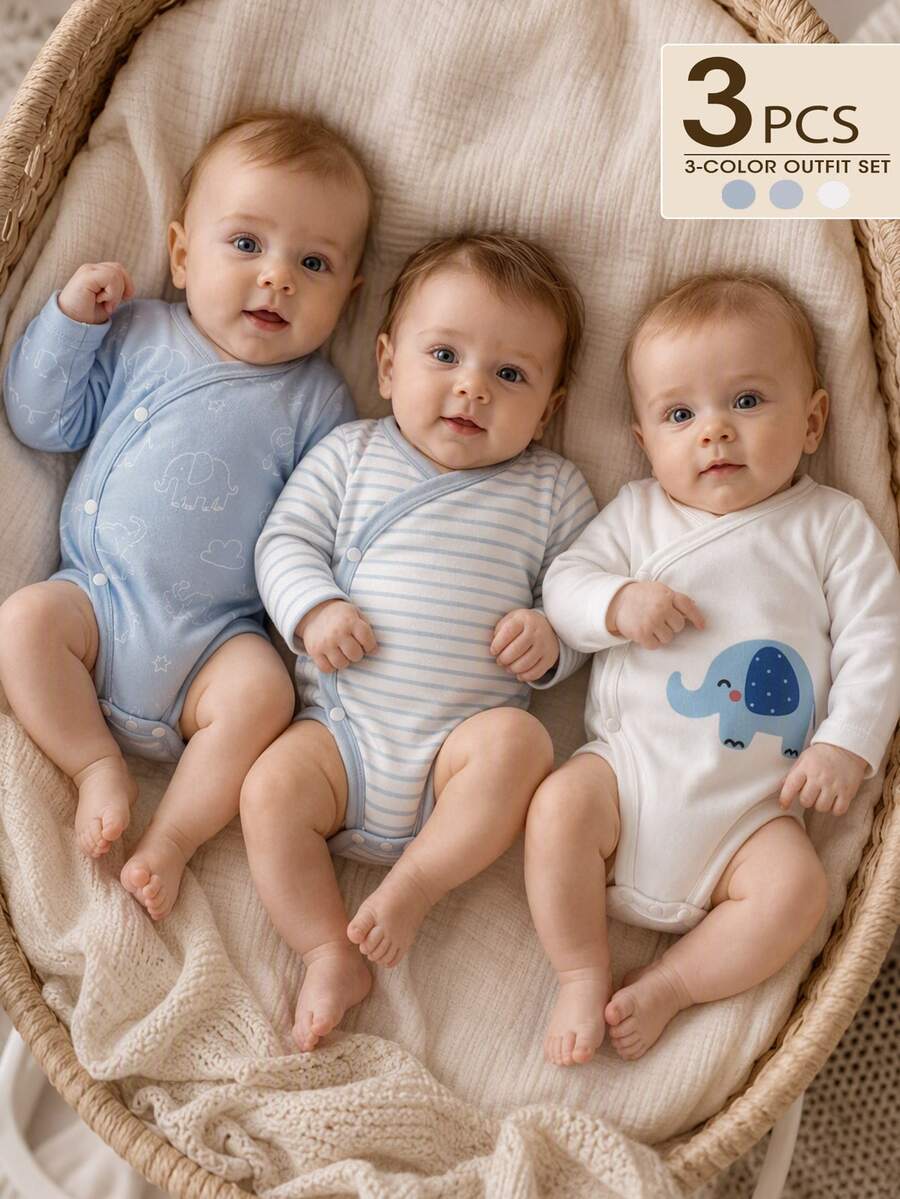 SHEIN Vintaside Kids 3件組新生兒春秋款多色藍白清新極簡風條紋大象與星星印花不對稱領長袖連身衣,寬鬆舒適,適合日常穿著、滿月派對、穿搭與拍照 - 藍白色 - 查看 1