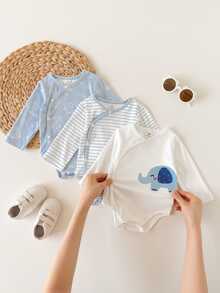 SHEIN Vintaside Kids 3件組新生兒春秋款多色藍白清新極簡風條紋大象與星星印花不對稱領長袖連身衣，寬鬆舒適，適合日常穿著、滿月派對、穿搭與拍照 - 藍白色 - 查看 5