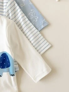 SHEIN Vintaside Kids 3件組新生兒春秋款多色藍白清新極簡風條紋大象與星星印花不對稱領長袖連身衣，寬鬆舒適，適合日常穿著、滿月派對、穿搭與拍照 - 藍白色 - 查看 8