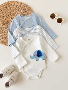 SHEIN Vintaside Kids 3件組新生兒春秋款多色藍白清新極簡風條紋大象與星星印花不對稱領長袖連身衣，寬鬆舒適，適合日常穿著、滿月派對、穿搭與拍照 - 藍白色 - 查看 4