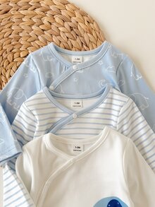 SHEIN Vintaside Kids 3件組新生兒春秋款多色藍白清新極簡風條紋大象與星星印花不對稱領長袖連身衣，寬鬆舒適，適合日常穿著、滿月派對、穿搭與拍照 - 藍白色 - 查看 6