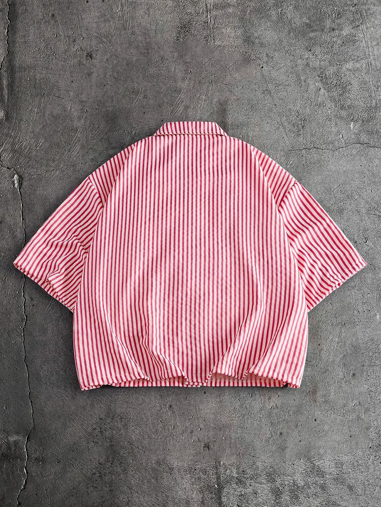 AXEPEAK Men's Casual Striped Short Sleeve Shirt, Summer - Red - View 2