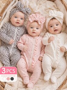 SHEIN Vintaside Kids 新生兒拉鍊連身褲 2 件套 前方荷葉邊長袖 搭配蝴蝶結毛帽 黑白豹紋 粉黑米白色 - 彩色 - 查看 2