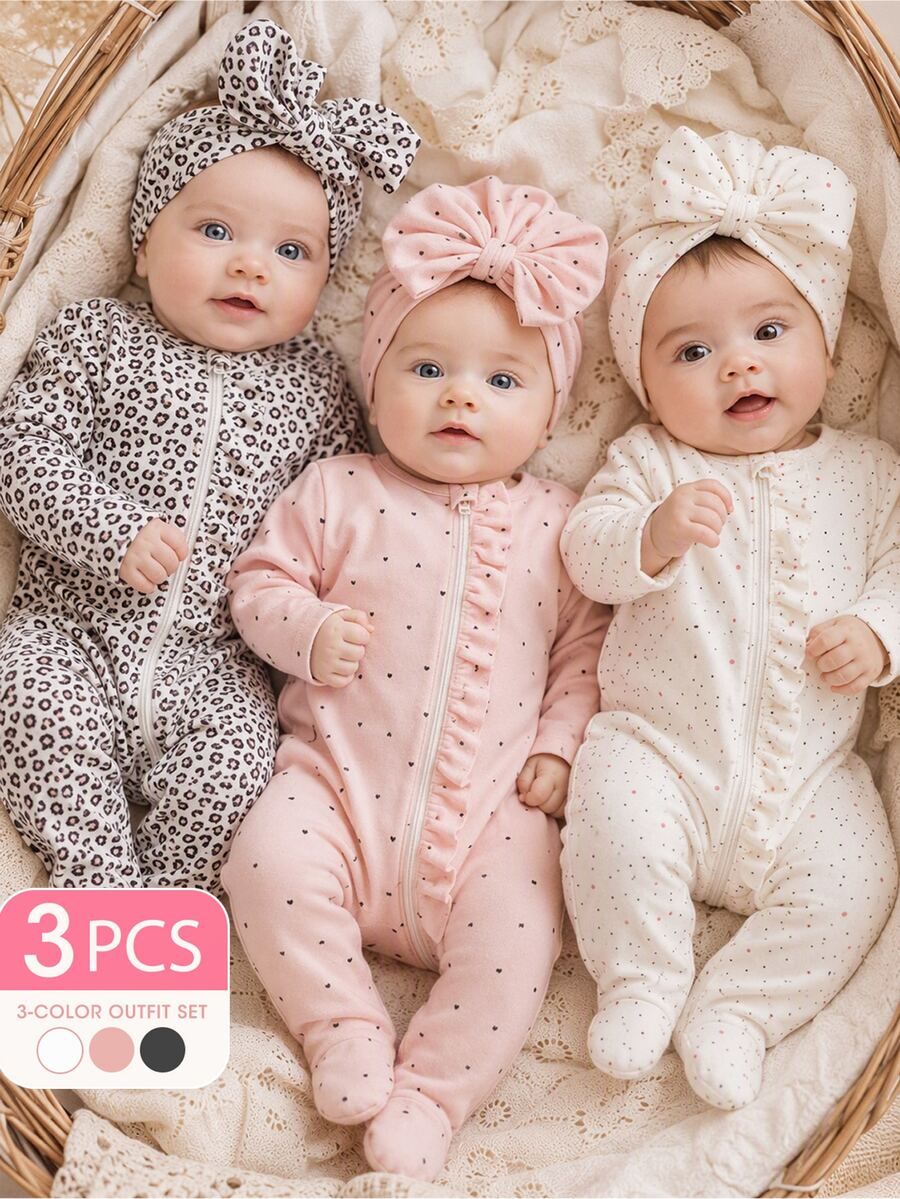 SHEIN Vintaside Kids 新生兒拉鍊連身褲 2 件套 前方荷葉邊長袖 搭配蝴蝶結毛帽 黑白豹紋 粉黑米白色