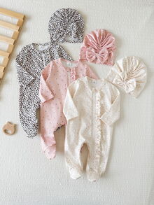 SHEIN Vintaside Kids 新生兒拉鍊連身褲 2 件套 前方荷葉邊長袖 搭配蝴蝶結毛帽 黑白豹紋 粉黑米白色 - 彩色 - 查看 6