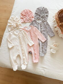 SHEIN Vintaside Kids 新生兒拉鍊連身褲 2 件套 前方荷葉邊長袖 搭配蝴蝶結毛帽 黑白豹紋 粉黑米白色 - 彩色 - 查看 4