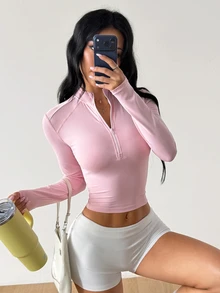 Coolane Women's Summer Sporty Slim Fit Half Zip Stand Collar Contrast Tape Splice GymYoga Running Pink Top - Pink - View 3