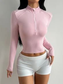 Coolane Women's Summer Sporty Slim Fit Half Zip Stand Collar Contrast Tape Splice GymYoga Running Pink Top - Pink - View 5