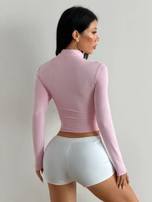 Coolane Women's Summer Sporty Slim Fit Half Zip Stand Collar Contrast Tape Splice GymYoga Running Pink Top - Pink - View 4