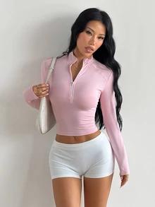 Coolane Women's Summer Sporty Slim Fit Half Zip Stand Collar Contrast Tape Splice GymYoga Running Pink Top - Pink - View 6