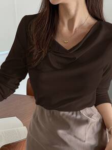 DAZY Women's Elegant Draped Neck Basic T-Shirt Blouse Fall Tops Long Sleeve Top Going Out Tops Women - Brown - View 5
