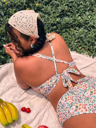 Swim Mod Große Größen Damen Sommer Strand Urlaub Blümchen Vorder-Schleife Kreuz-Rücken Bikini-Set