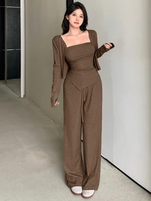 DAZY 3件套女士纯色修身套装秋冬 - 棕色 - 查看 4