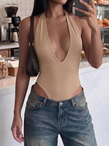 Flirla 深V露背緊身連身衣 膚色 高彈力 柔軟舒適 極簡性感 夏季甜美風 女款 適合夜店、外出、度假與日常穿著 - 卡其色 - 查看 3