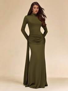 SHEIN BAE Gaun Rajut Slim Fit Lengan Panjang Warna Hijau Zaitun Polos untuk Musim Gugur/Dingin - Hijau Tentara - View 1